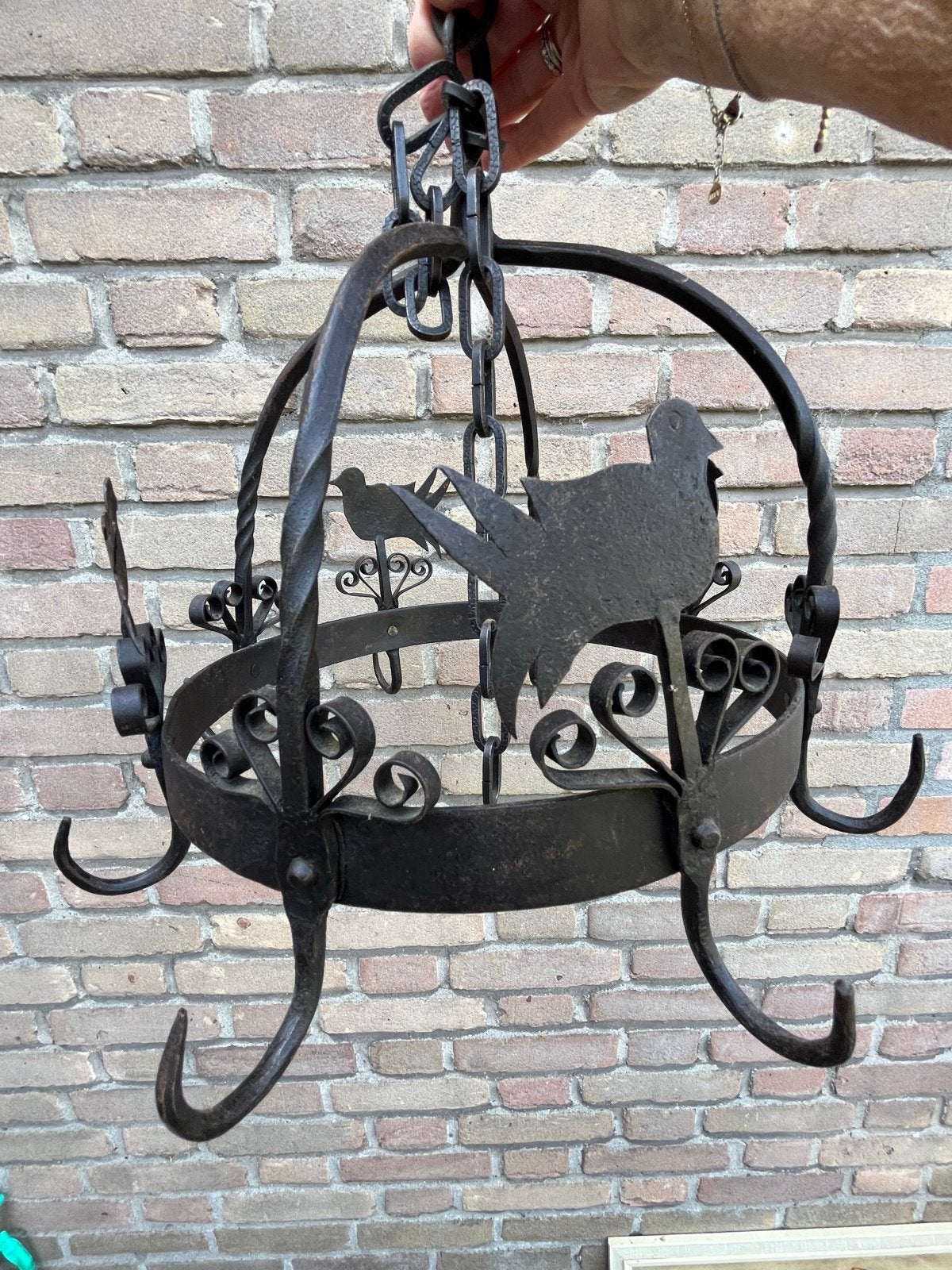 Antieke smeedijzeren hangende wildkroon met vogels, Ophalen of Verzenden