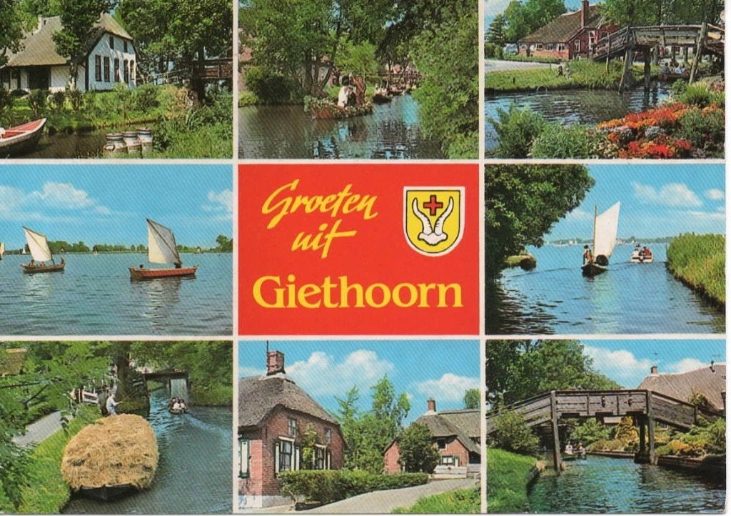 Ansichtkaart Giethoorn, 8-luik, zeilpunter, brug, boerderij, Ophalen of Verzenden, 1980 tot heden, Gelopen, Overijssel