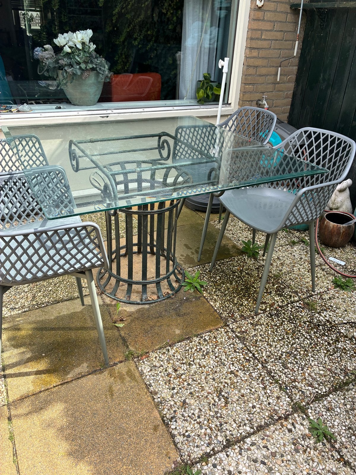 Buiten tafel gietijzer met glasplaat en extra houtenblad, Tuin en Terras, Ophalen, Gebruikt, Vierkant, Metaal
