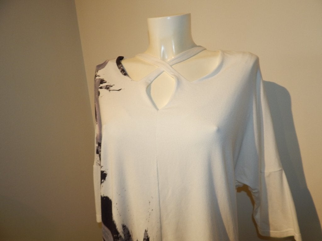 Elsewhere wit baggy shirt aparte hals zwart grijs print M, Kleding | Dames, Maat 38/40 (M), Elsewhere, Wit, Ophalen of Verzenden