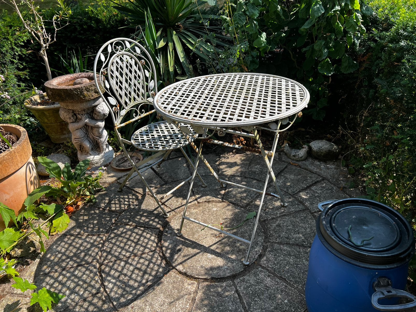 Vintage Frans Bistro Tuinsetje Metaal Lichtblauw Tafel Stoel, Ophalen