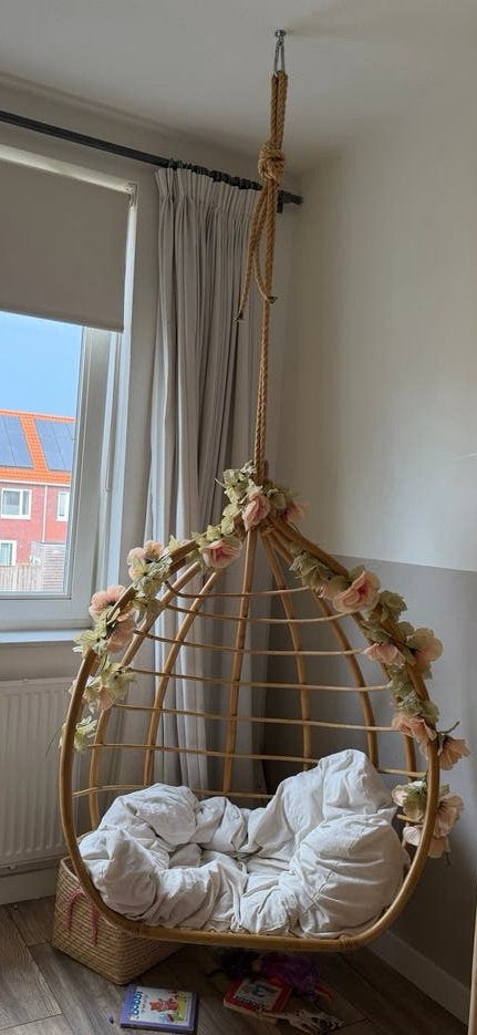 Rotan hangstoel met kussen, Ophalen, Gebruikt, Bruin, Riet of Rotan
