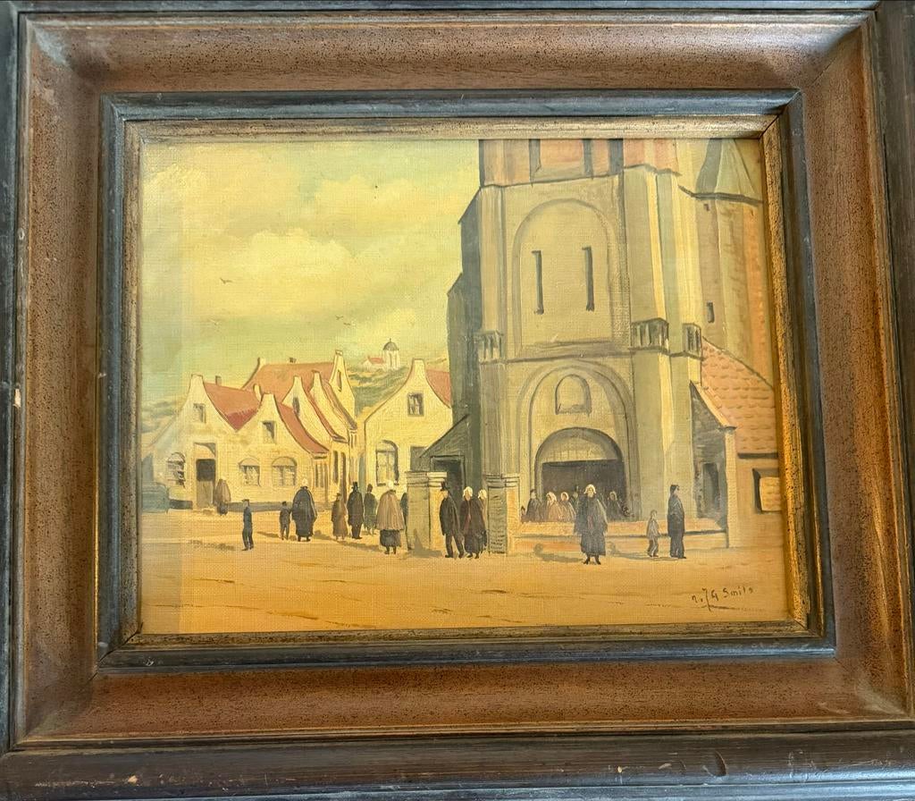 Oud schilderij van N.J.G. Smits - Dorpsgezicht met kerk, Verzenden