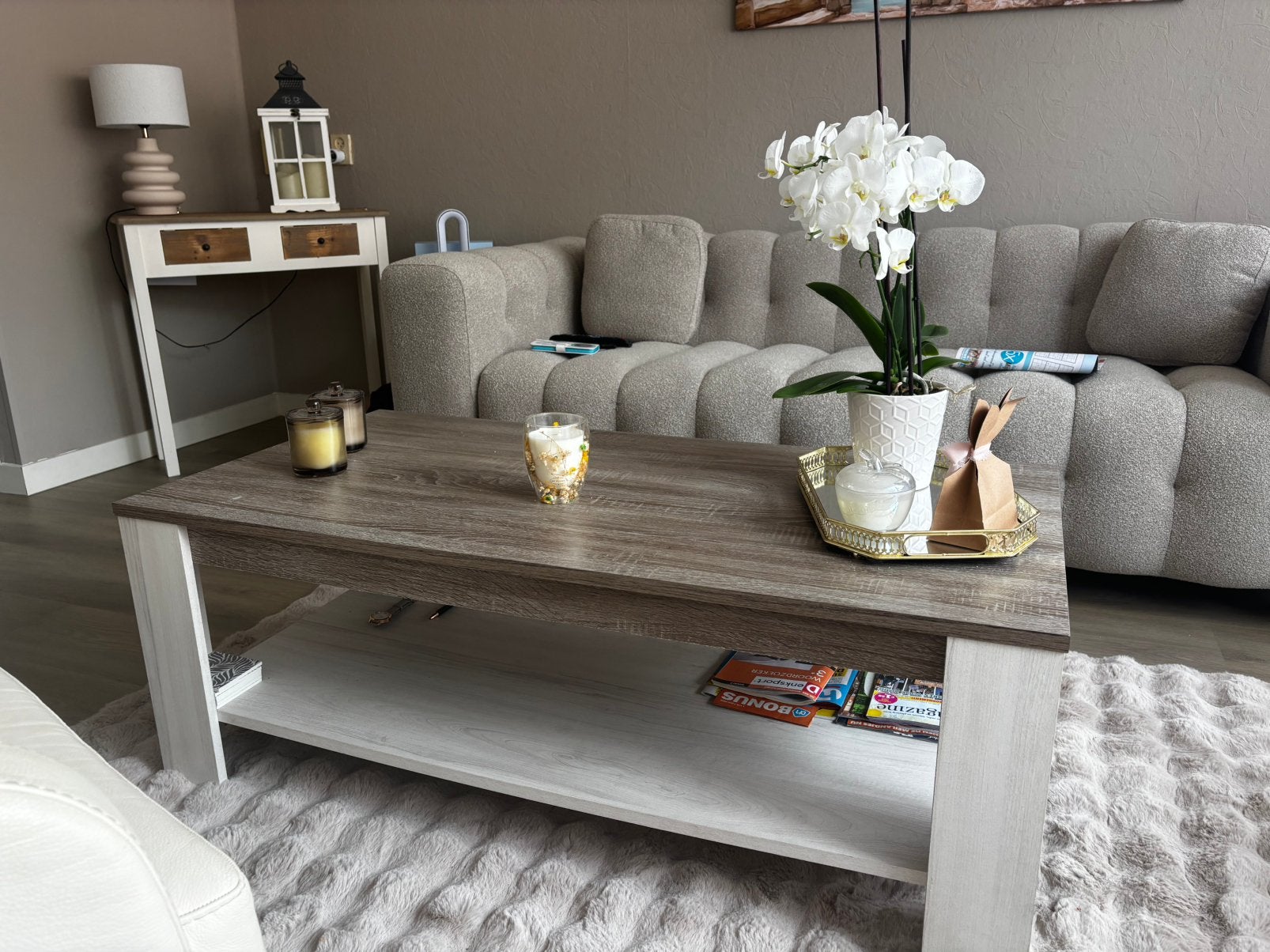 Salontafel beige wit, goede staat, Ophalen, 100 tot 150 cm, 50 tot 100 cm, Zo goed als nieuw