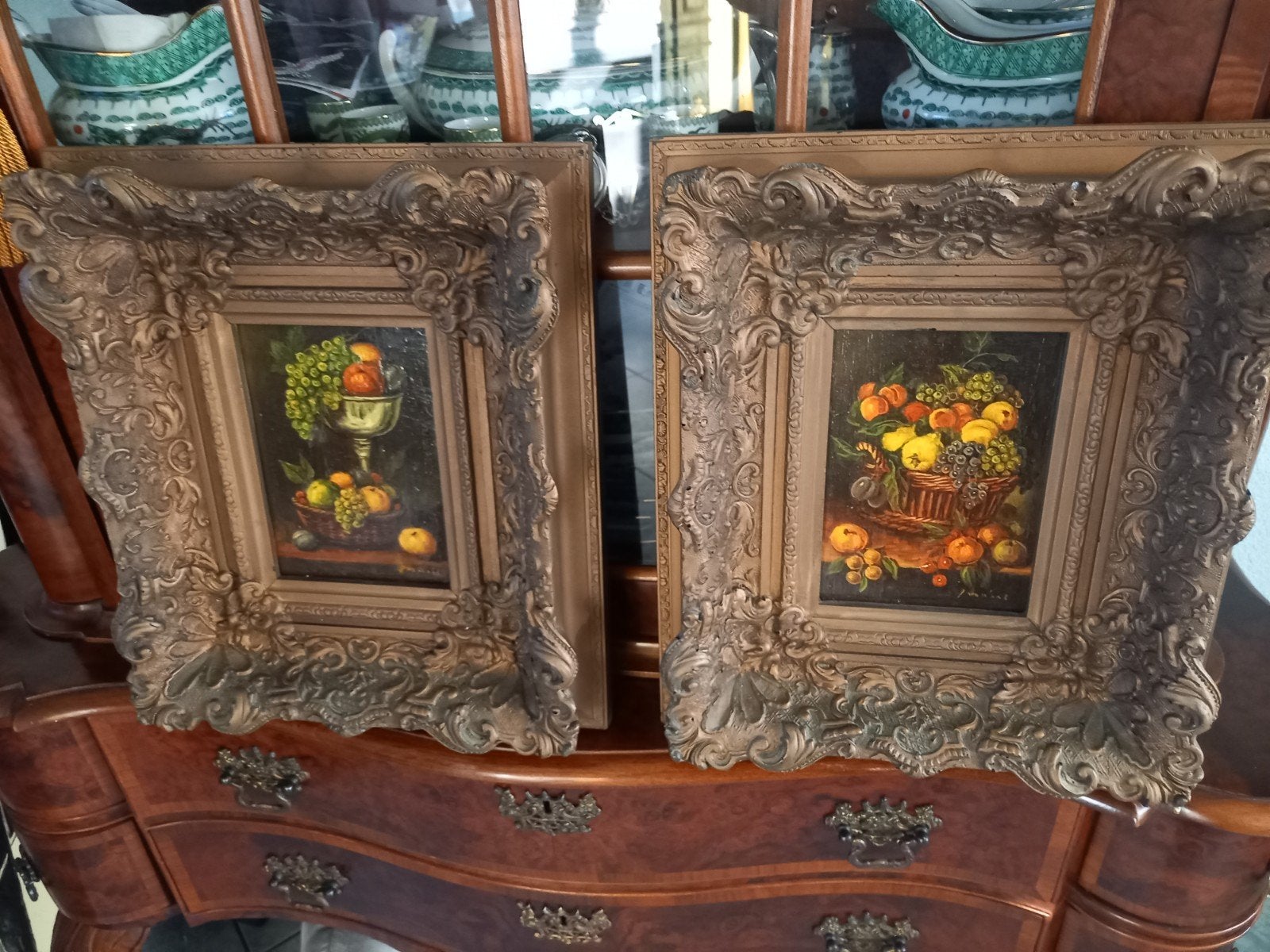 Twee schilderijen stillevens fruit in gouden barok lijst, Antiek en Kunst, Paneel, Stilleven, Ophalen of Verzenden, Olieverf