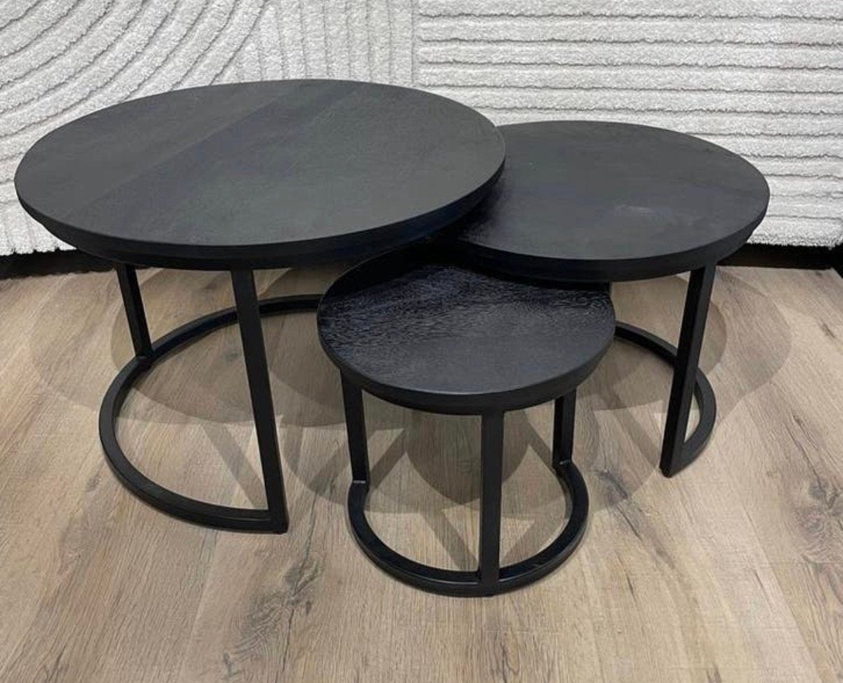 3 ronde mango houten bijzettafels, Ophalen, Zo goed als nieuw, Rond, 50 tot 100 cm