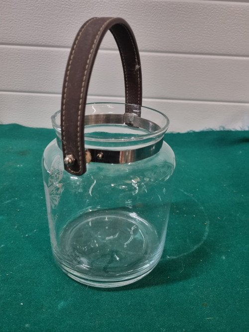 Deco glas pot met vlinder en leren hengsel, Ophalen of Verzenden, 'T Olde Gre-j, Info@toldegrej.nl, Endepoelstraat 20f Didam