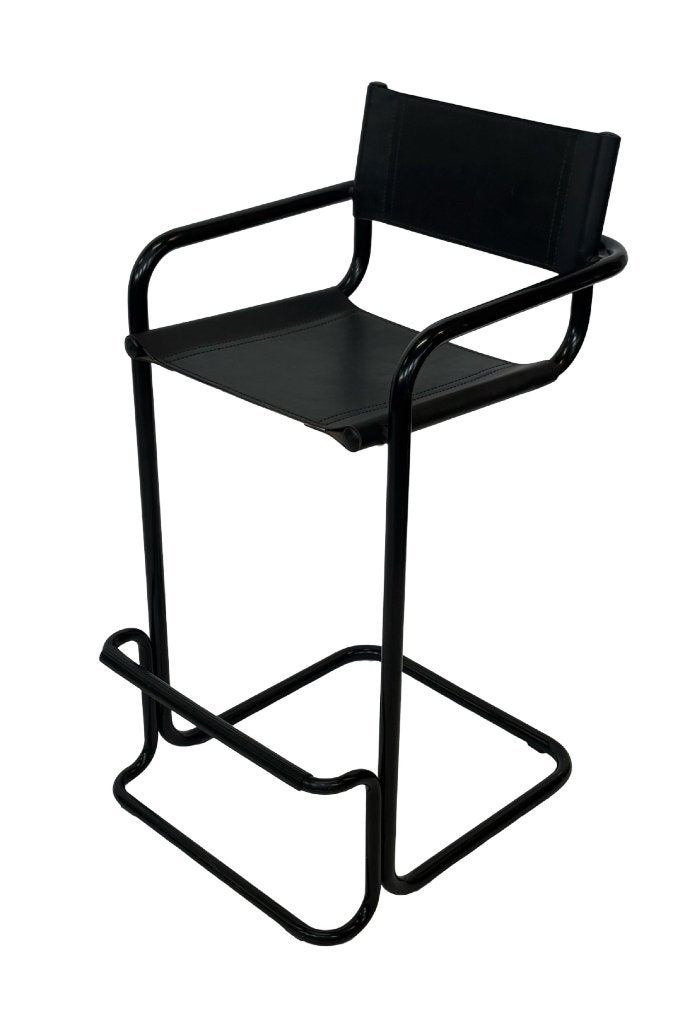 Vintage zwarte leren barkruk met zwart frame, Italiaan