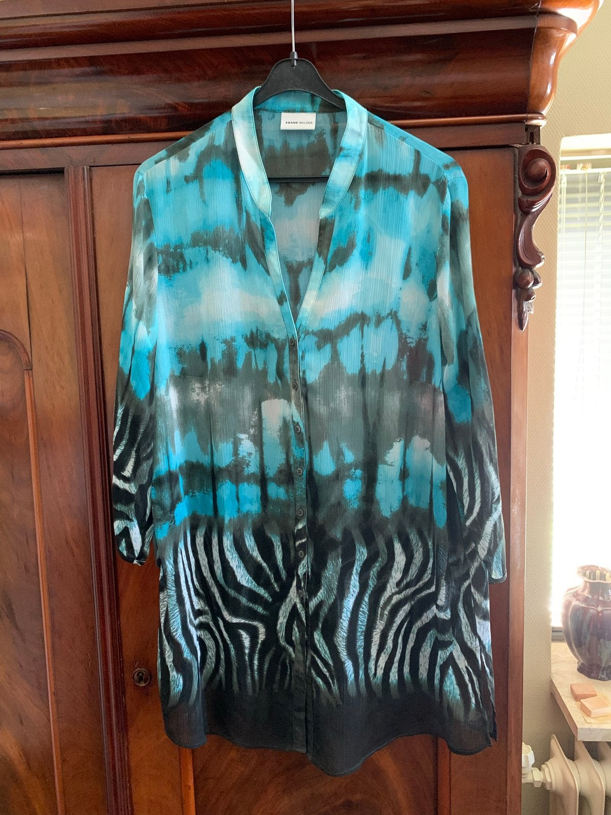 Frank Walder blouse met zebraprint en blauwe accenten, Verzenden, Zo goed als nieuw, Maat 42/44 (L), Blauw