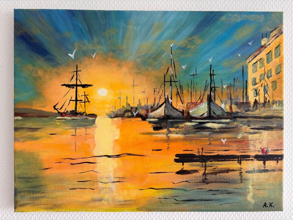 Schilderij Haven bij Zonsondergang - Maritiem Kunstwerk, Antiek en Kunst, Kunst | Schilderijen | Klassiek, Doek, Realistisch, Ophalen of Verzenden