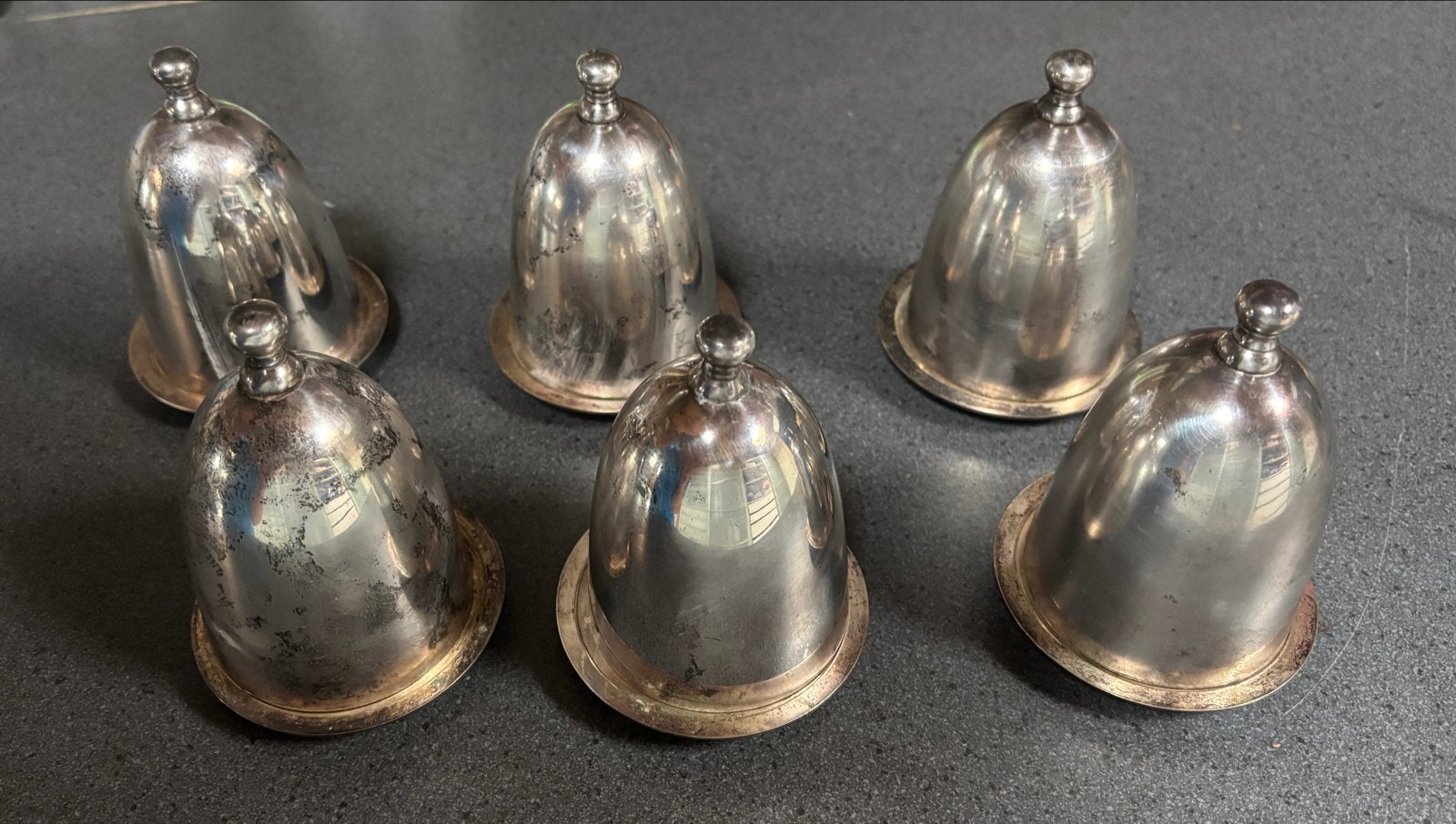 Set van 6 verzilverde eierdopjes met deksel, Antiek en Kunst, Ophalen of Verzenden, Zilver
