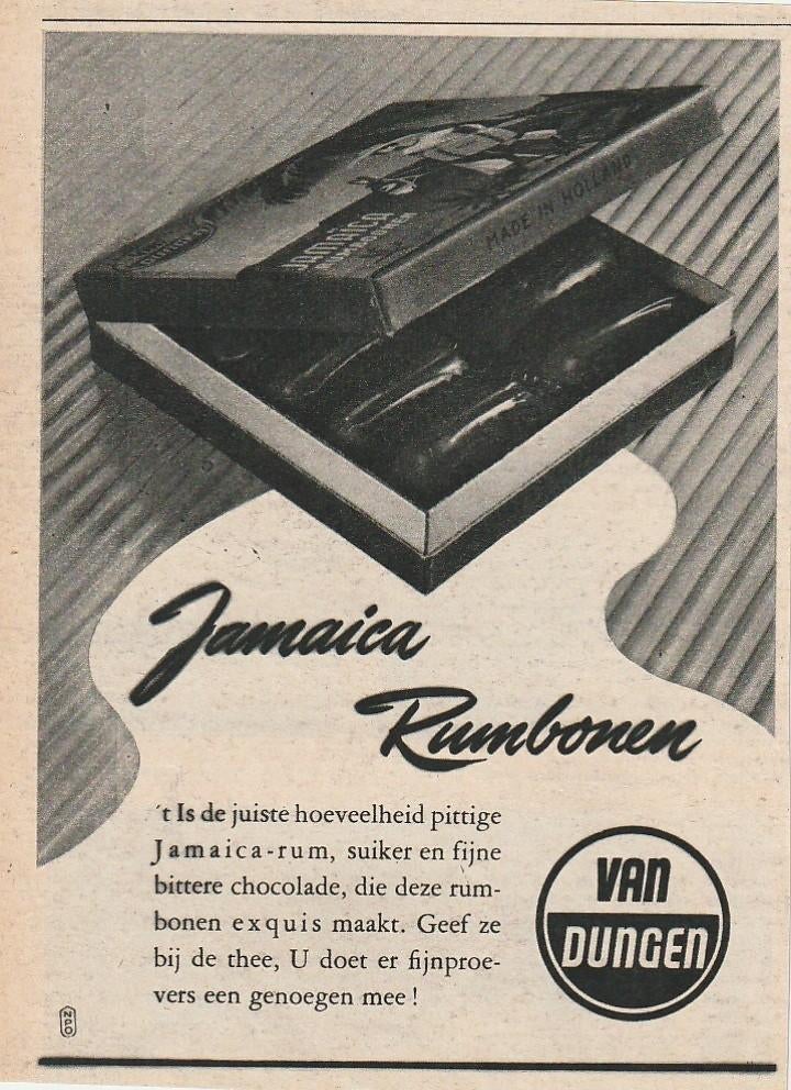 retro reclame 1949 Van Dungen chocolade Jamaica rumbonen, Verzamelen, Retro, Verzenden, Overige typen