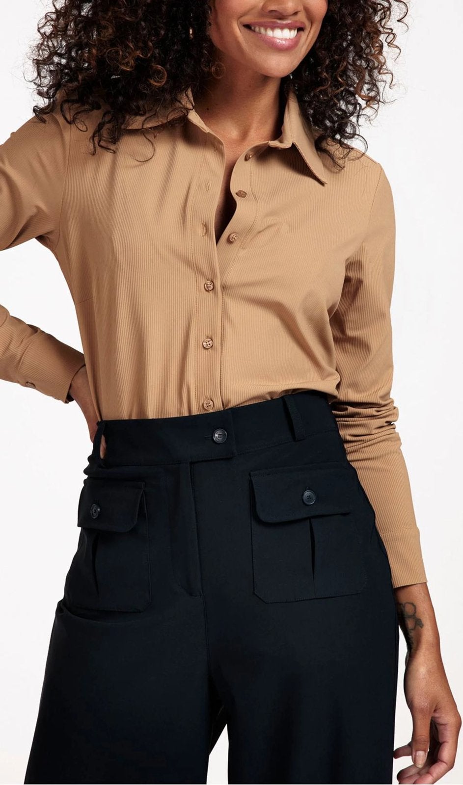 Studio anneloes poppy rib blouse M camel travelstof, Kleding | Dames, Bruin, Maat 42/44 (L), Ophalen of Verzenden, Zo goed als nieuw