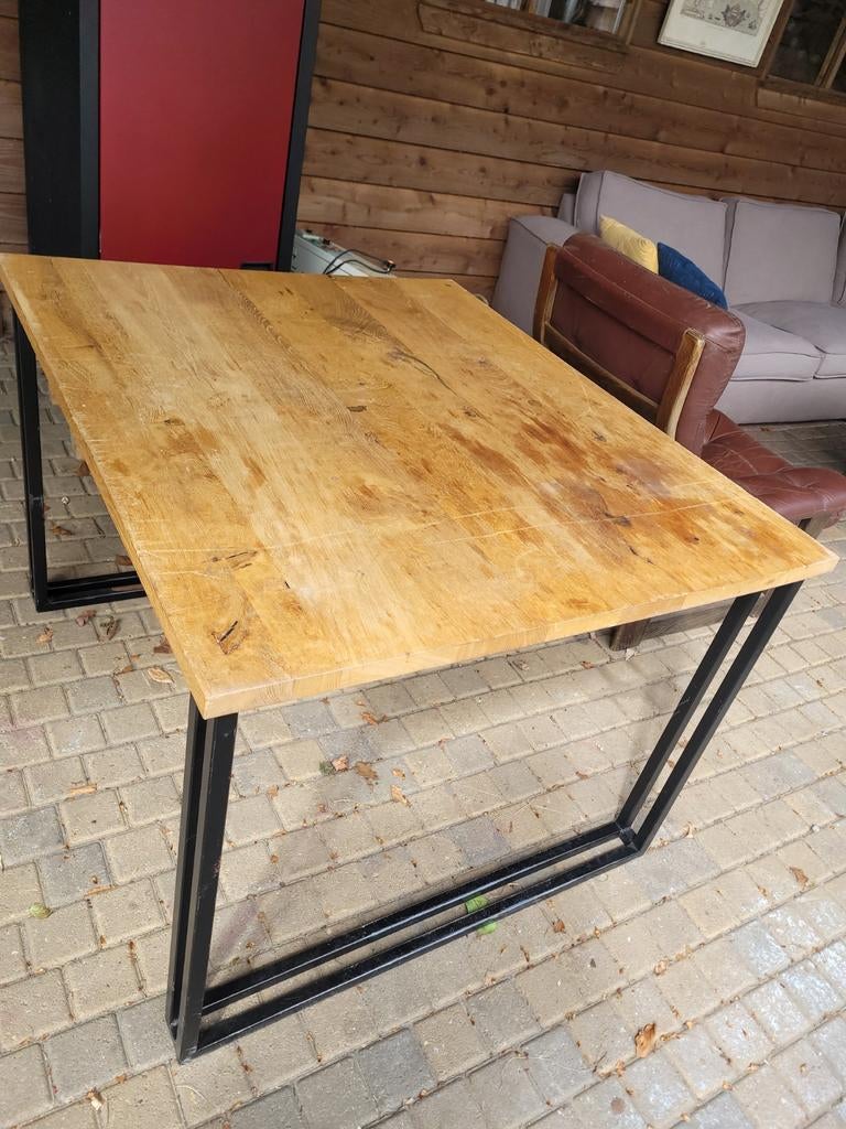 Eiken eettafel met ijzeren onderstel, Ophalen, Rechthoekig, 50 tot 100 cm