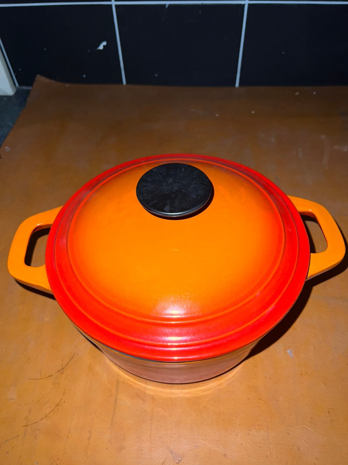 Oranje gietijzeren pan, Huis en Inrichting, Ophalen, Zo goed als nieuw, Gietijzer, Kookpan