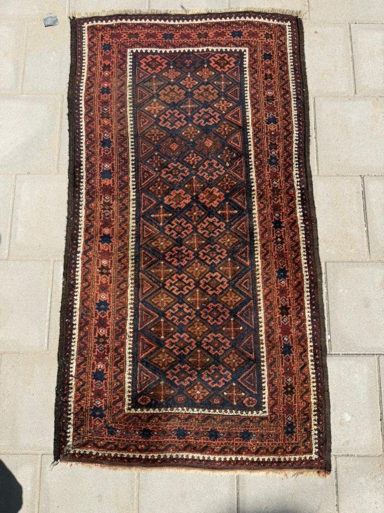 Antiek Baluch tapijt–159x84cm– natuurlijke Oranje en DBlauwe, Wol, NA, 150 tot 200 cm, NA