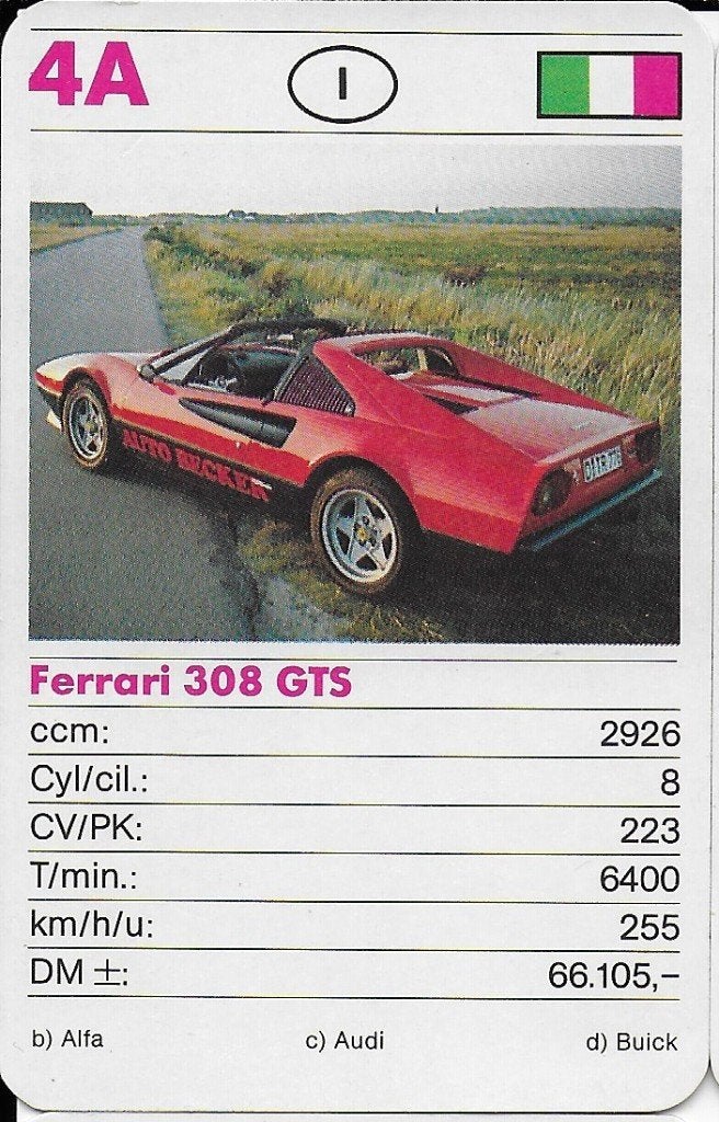 Kw4396 autokaartje 4a ferrari 308 gts, Ophalen of Verzenden, Zo goed als nieuw, Auto's