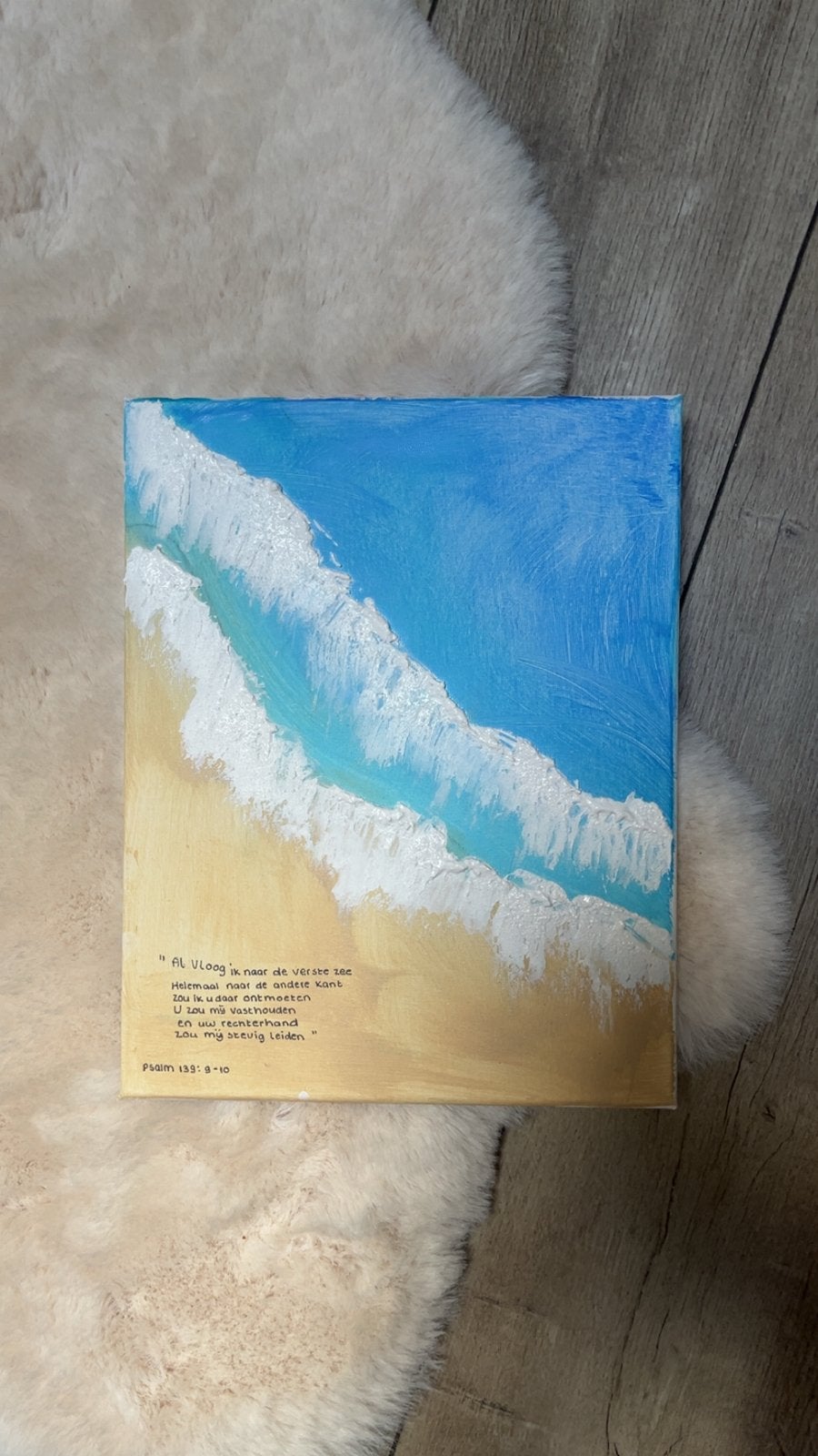 Schilderij met Bijbeltekst en 3D-effect: Zeegezicht, Antiek en Kunst, Kunst | Schilderijen | Modern, Acrylverf, 3D-effect, Textiel