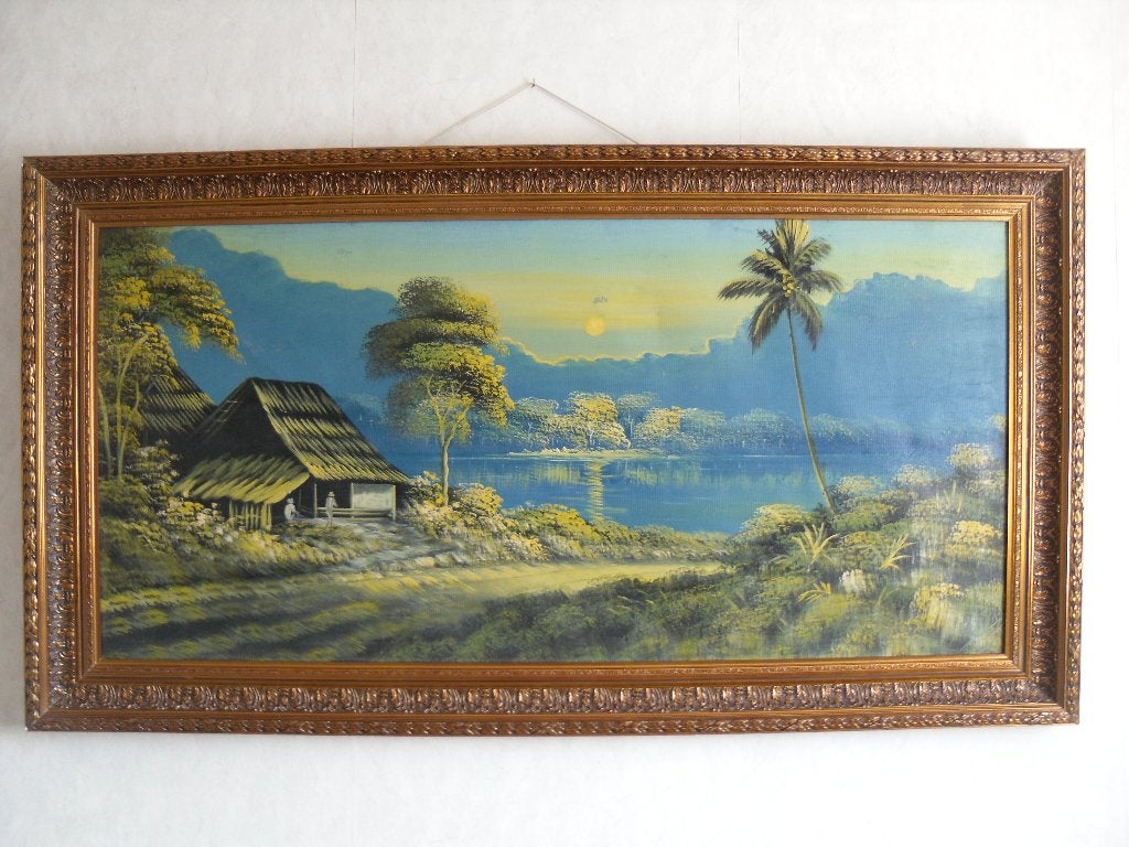 Groot schilderij uit Indonesië met prachtige barokke lijst, Antiek en Kunst, Ophalen, Ingelijst, Landschap, Doek