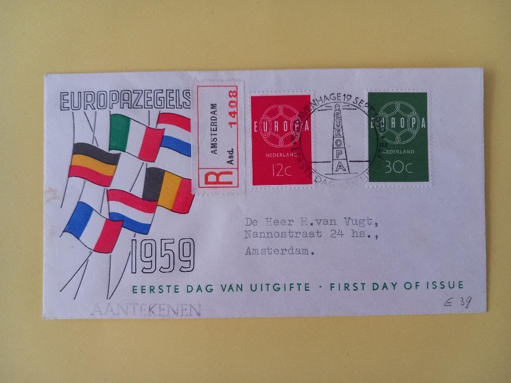 1959 Europazegels FDC E39 met gesloten klep e3, Postzegels en Munten, Postzegels | Eerstedagenveloppen, Verzenden, Beschreven