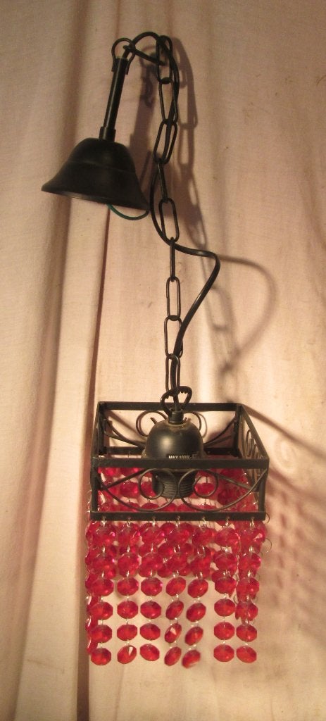 Leuke Retro Metalen Hanglamp met glazen hangertjes, Huis en Inrichting, Ophalen of Verzenden, Zo goed als nieuw, Glas