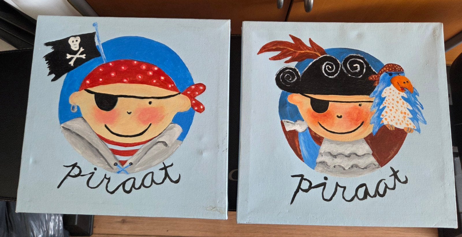 2 Schattige Piraten Schilderijen 30x30 cm voor Kinderkamer, Ophalen, Minder dan 50 cm, Gebruikt, Oorspronkelijke maker