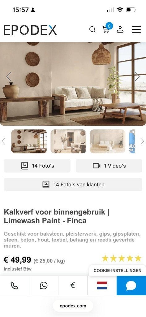 Limewash paint Epodx over kleur Finca (kalkverf), Beige, Nieuw, Ophalen of Verzenden, Verf