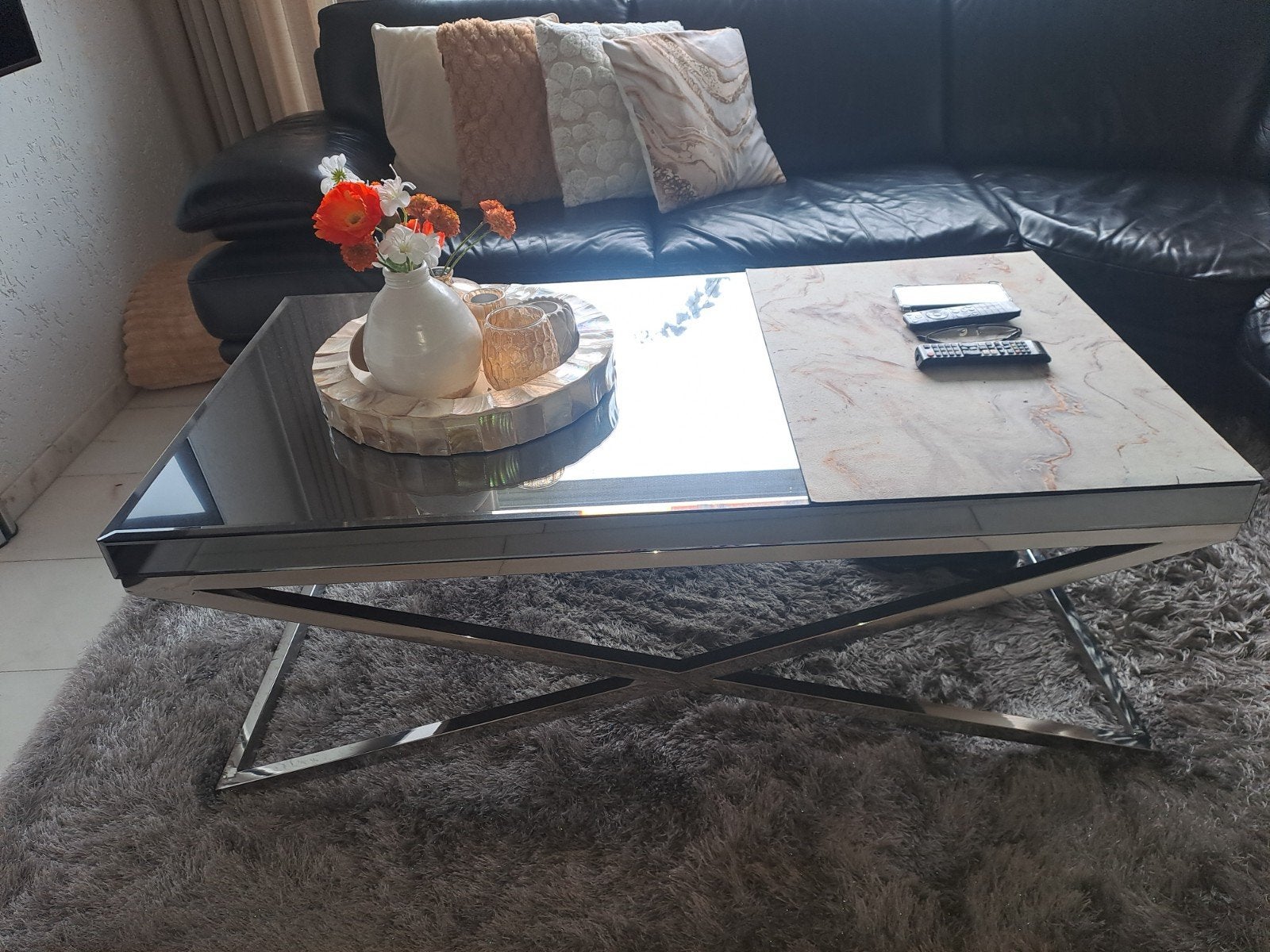 Salontafel Chrome met gerookt spiegelglas Eric Kuster stijl, Ophalen, Rechthoekig, 100 tot 150 cm, 50 tot 100 cm