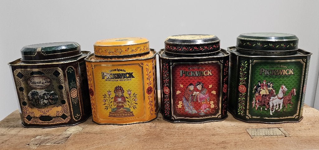 4 OUDE BROCANTE "DOUWE EGBERTS PICKWICK" THEEBLIKKEN, Verzamelen, Ophalen of Verzenden, Gebruikt, Thee, Douwe Egberts