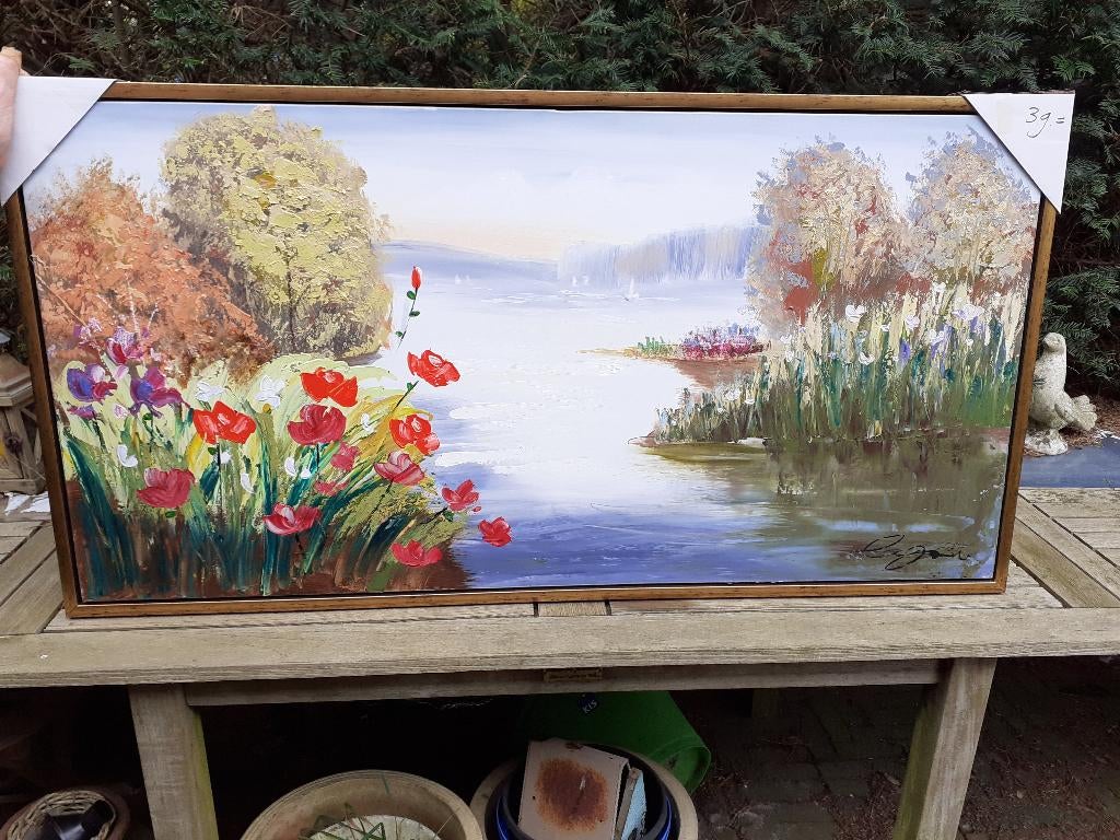 Gr Olieverf/Canvas Schilderij "Aan de Plas" in Baklijst Ges., Antiek en Kunst, Ophalen