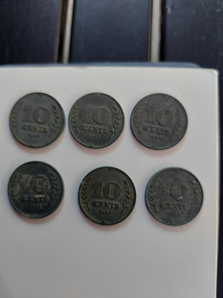 Set van 6 Nederlandse 10 Cents munten (1942-1945), Ophalen of Verzenden, Koningin Wilhelmina, Overige waardes, Setje