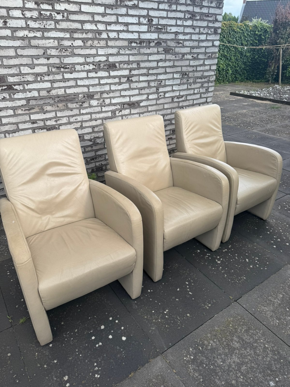 Creme Kleurige Fauteuils 3 stuks, Ophalen, Zo goed als nieuw, Leer