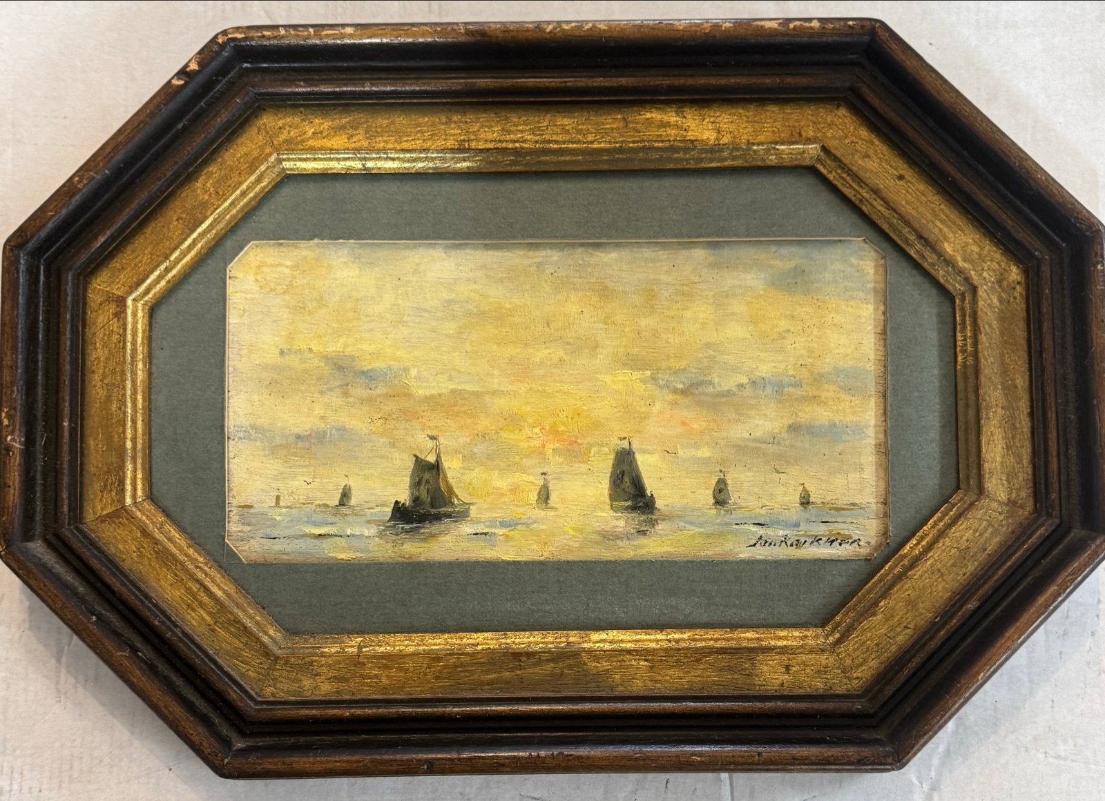 Olieverfschilderij Schepen op Zee Zonsondergang jan Knikker, Ophalen of Verzenden