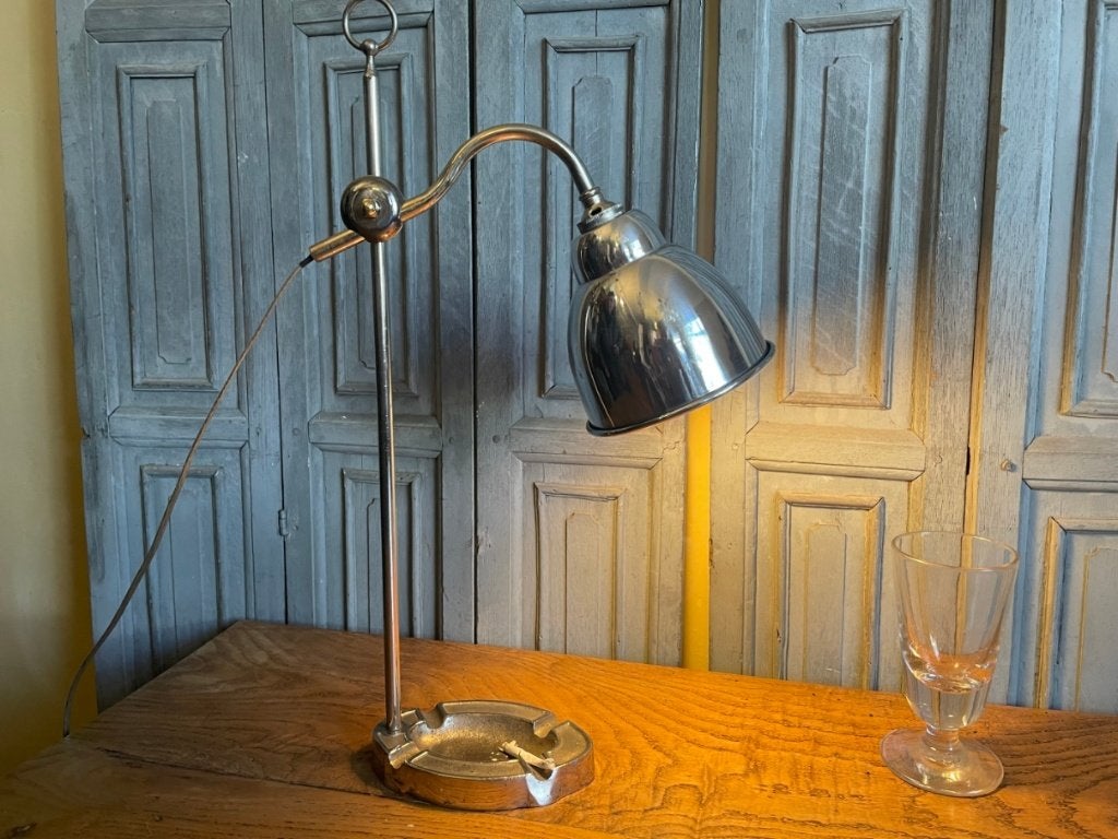 Bureaulamp met asbak art deco 1930 Tafellamp Frans chroom, Ophalen of Verzenden