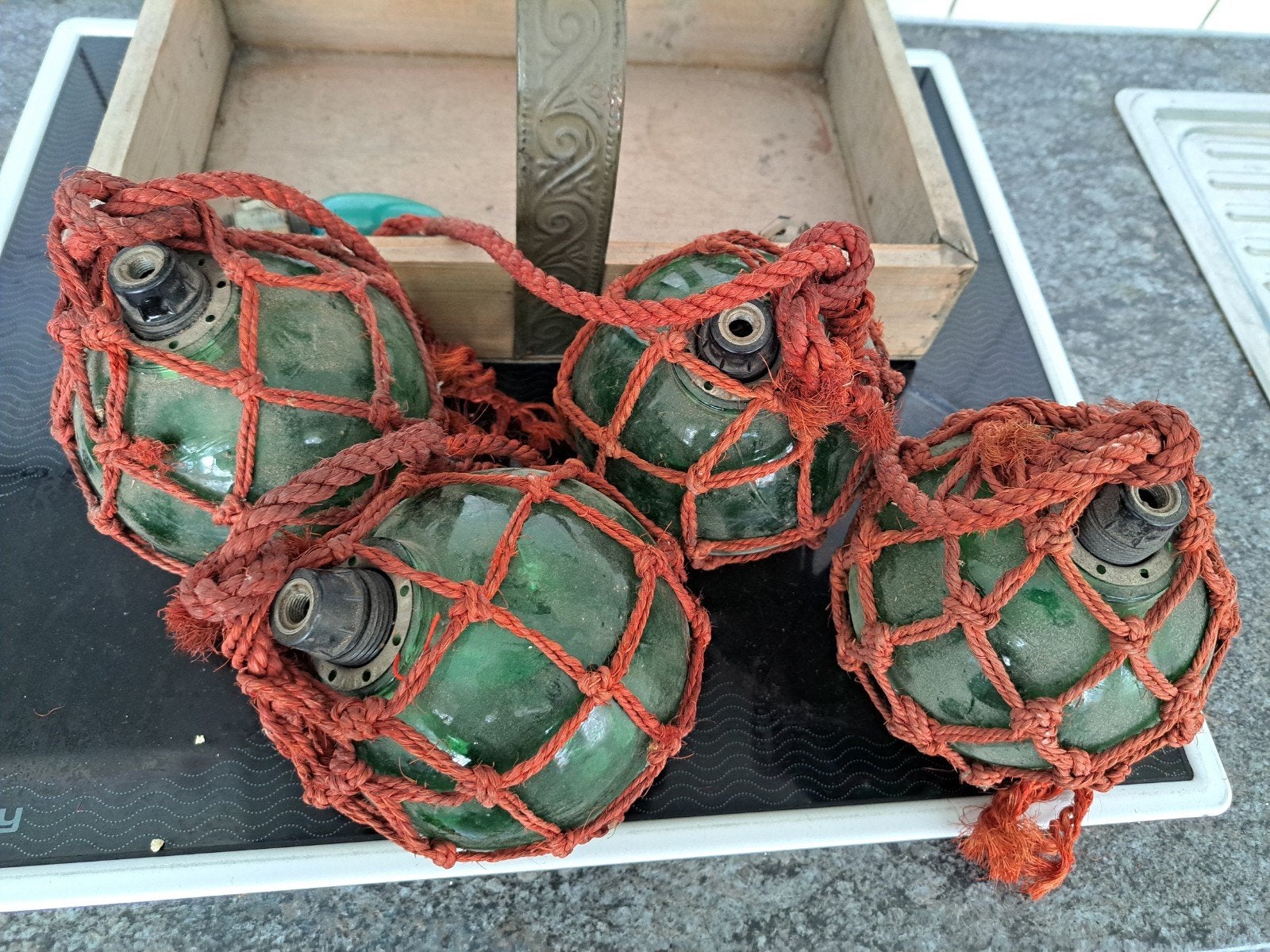 Set van 4 vintage groene glazen visnet boeien, Ophalen of Verzenden