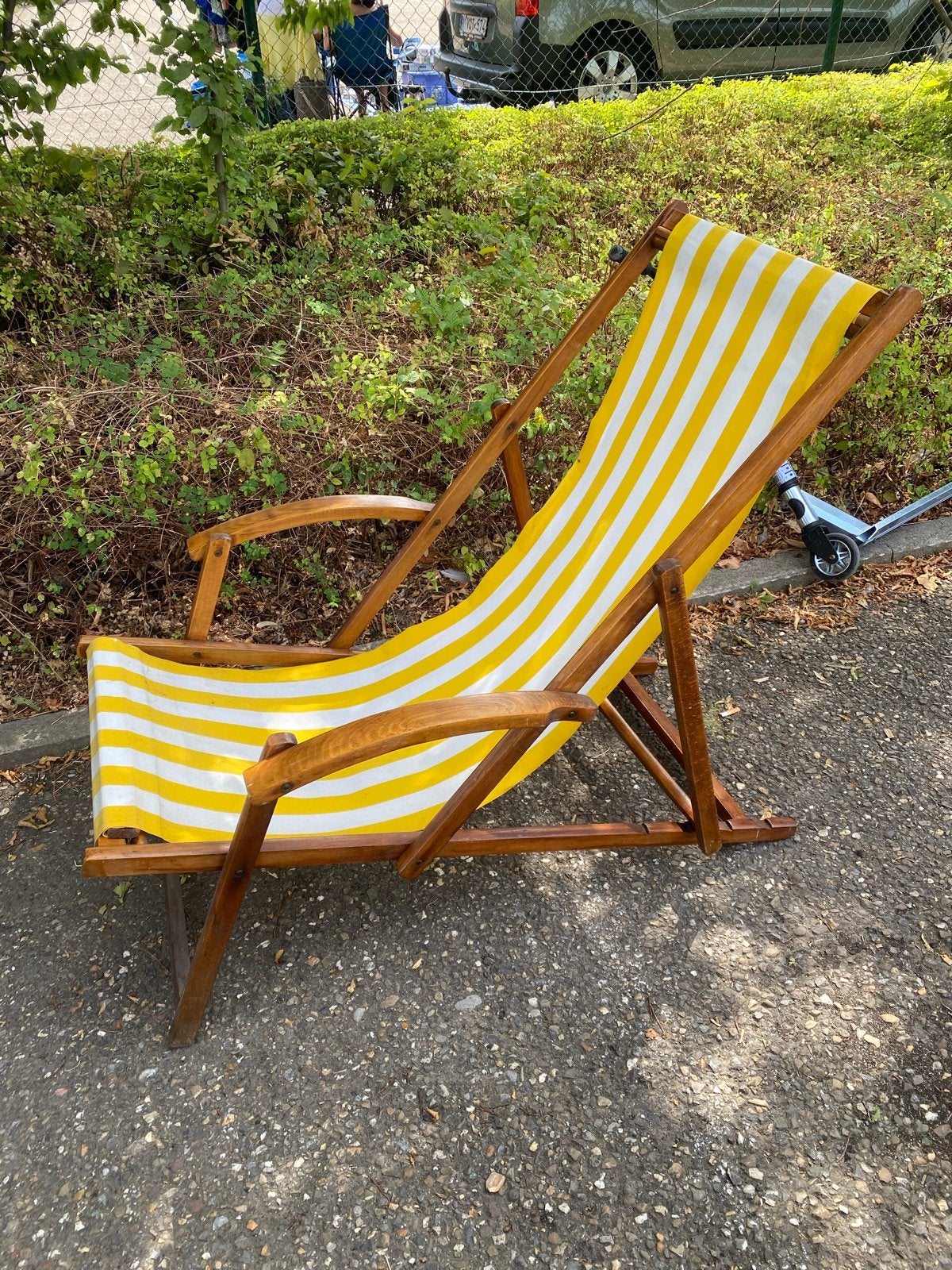 Vintage strandstoel - geel/wit gestreept, Tuin en Terras, Ligbedden, Ophalen, Gebruikt, Hout, Inklapbaar