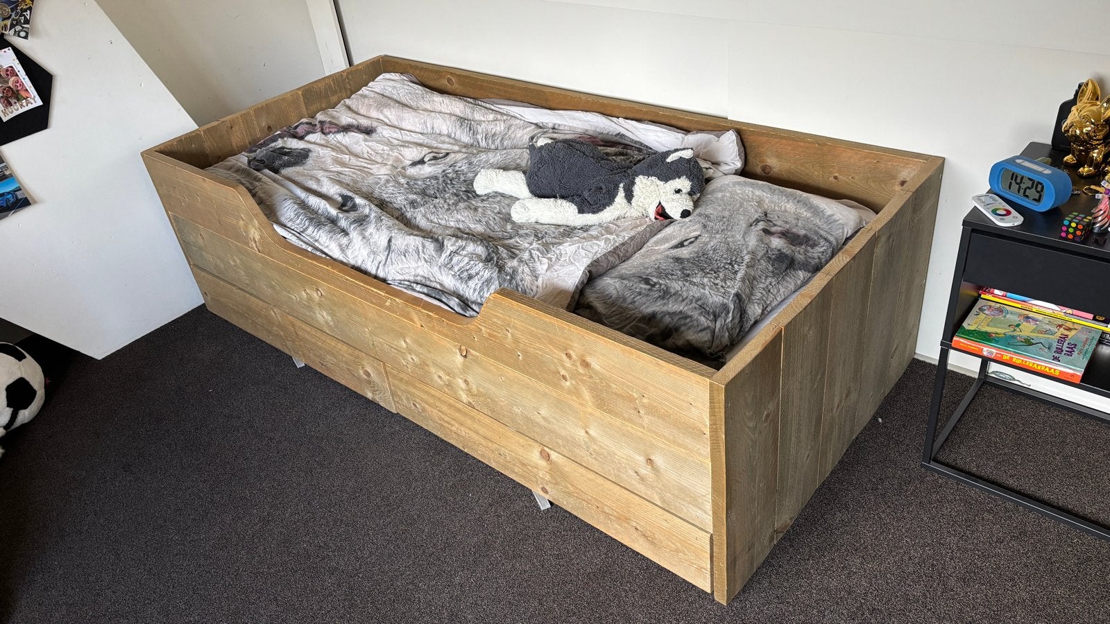Steigerhouten bed met matras en opberglades, Huis en Inrichting, Slaapkamer | Bedden, Ophalen, Gebruikt, 90 cm, Eenpersoons