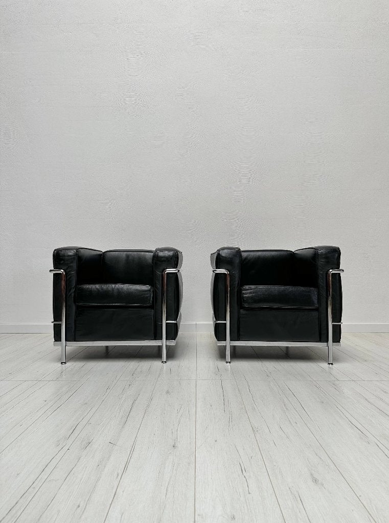 2x Cassina LC2 leren fauteuils Le Corbusier vintage jaren 90, Ophalen of Verzenden, Zo goed als nieuw, Leer, Vintage