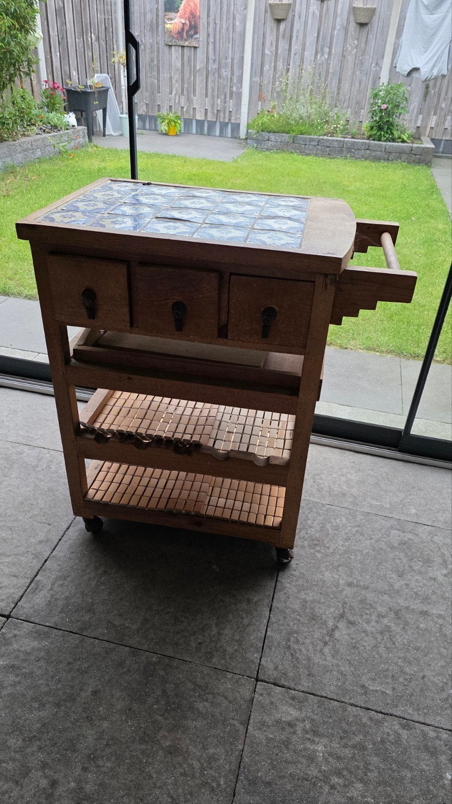 Houten Keukentrolley met Tegelblad en Lade, Ophalen, Gebruikt, Hout, Keukentrolley