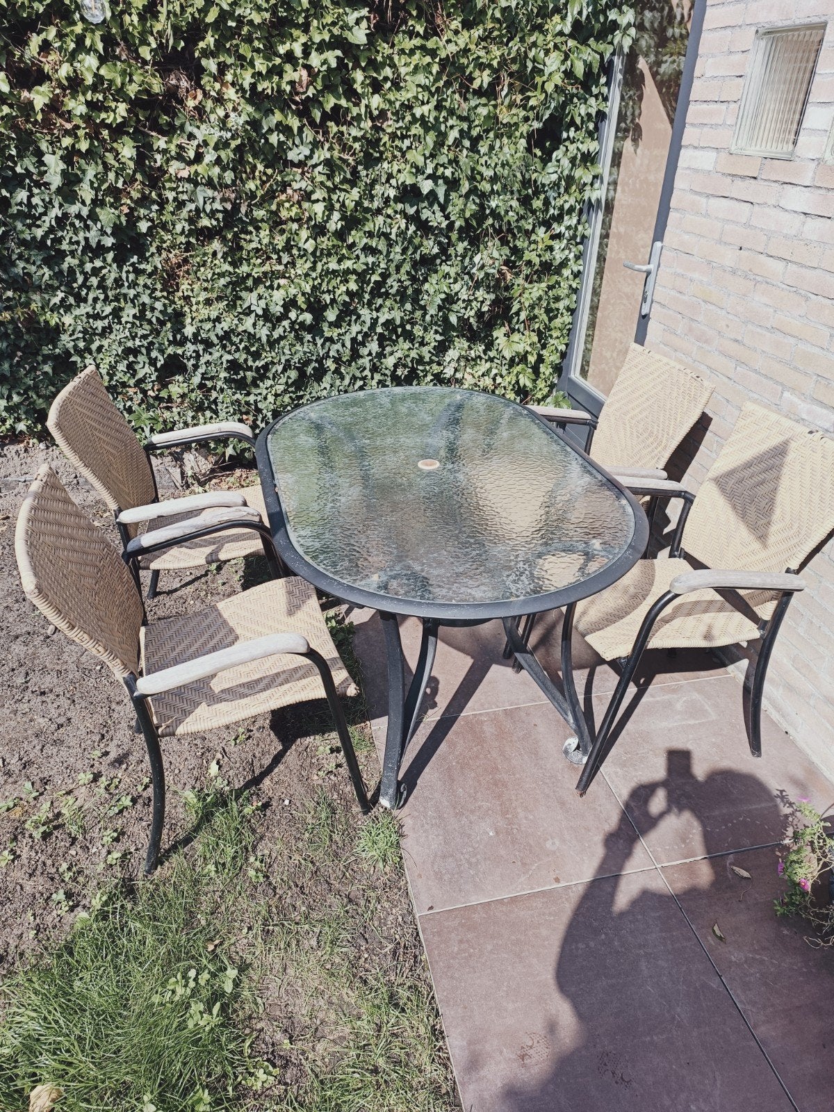 Tuinset met glazen tafel en 4 stoelen, Tuin en Terras, Ophalen, Gebruikt, Tuinset, Eettafel