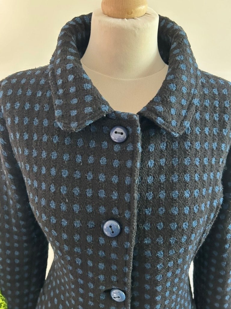 King Louie maat L geblokte blauwe elegante jas 3549, Blauw, Maat 42/44 (L), Ophalen of Verzenden, Zo goed als nieuw