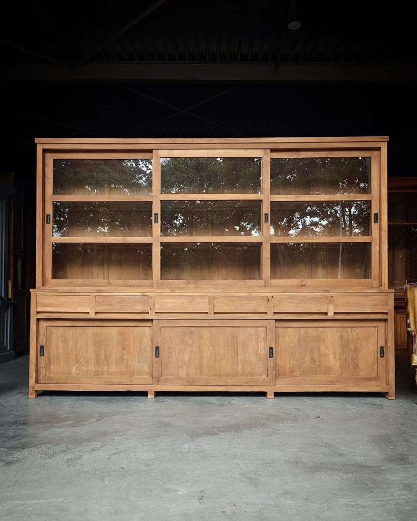 greeploze teakhouten schoolkast | Strakke buffetkast  #5713, Met deur(en), -, 200 cm of meer, -