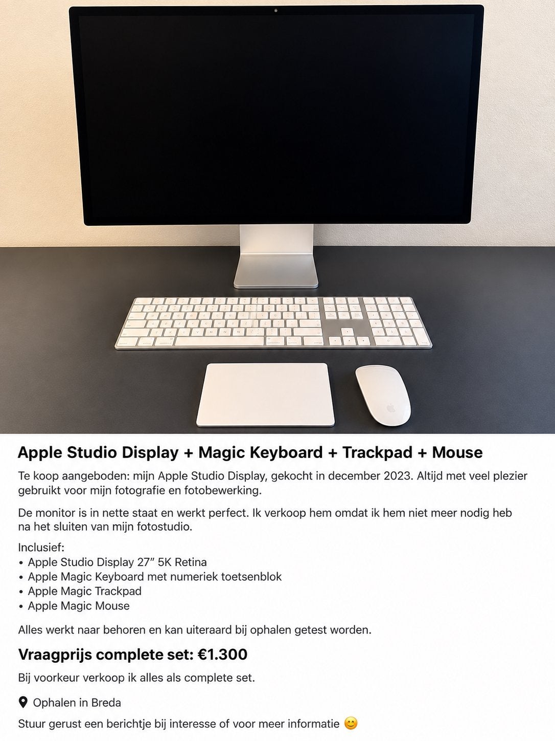 Apple Studio Display 27" 5K Retina met Magic accessoires, Ophalen, IPS, Zo goed als nieuw, Onbekend