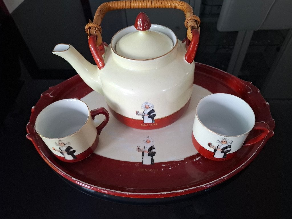 DROSTE CACAOSERVIES - blad + pot + 4 kop en schotels, Antiek en Kunst, Antiek | Servies los, Ophalen of Verzenden