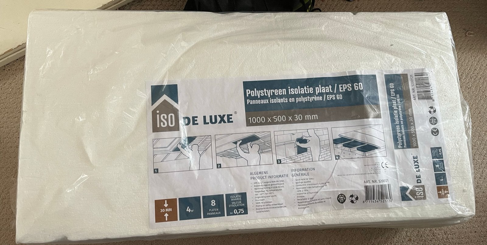 Polystyreen isolatieplaten EPS 60 - 1000x500x30mm, Nieuw, Minder dan 5 m², Vloerisolatie, Piepschuim (Tempex)