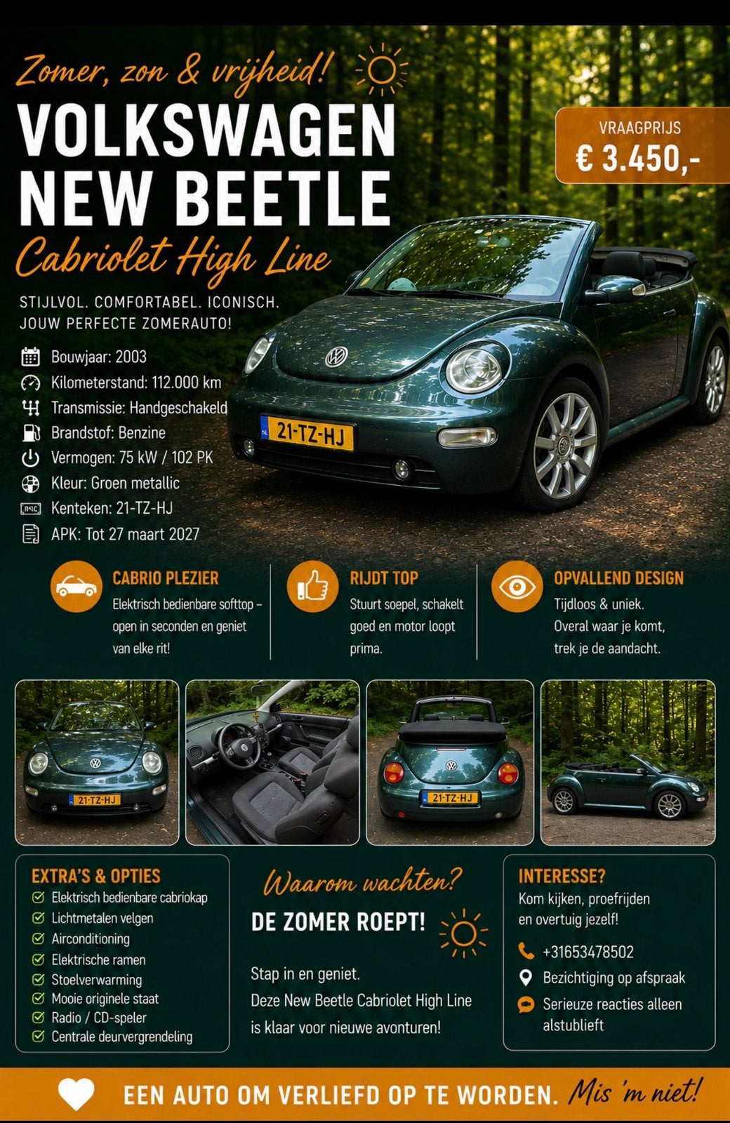 Volkswagen Beetle (Kever) 1Y 2003 Groen, 1300 kg, 74 pk, Beetle (Kever), Cabriolet