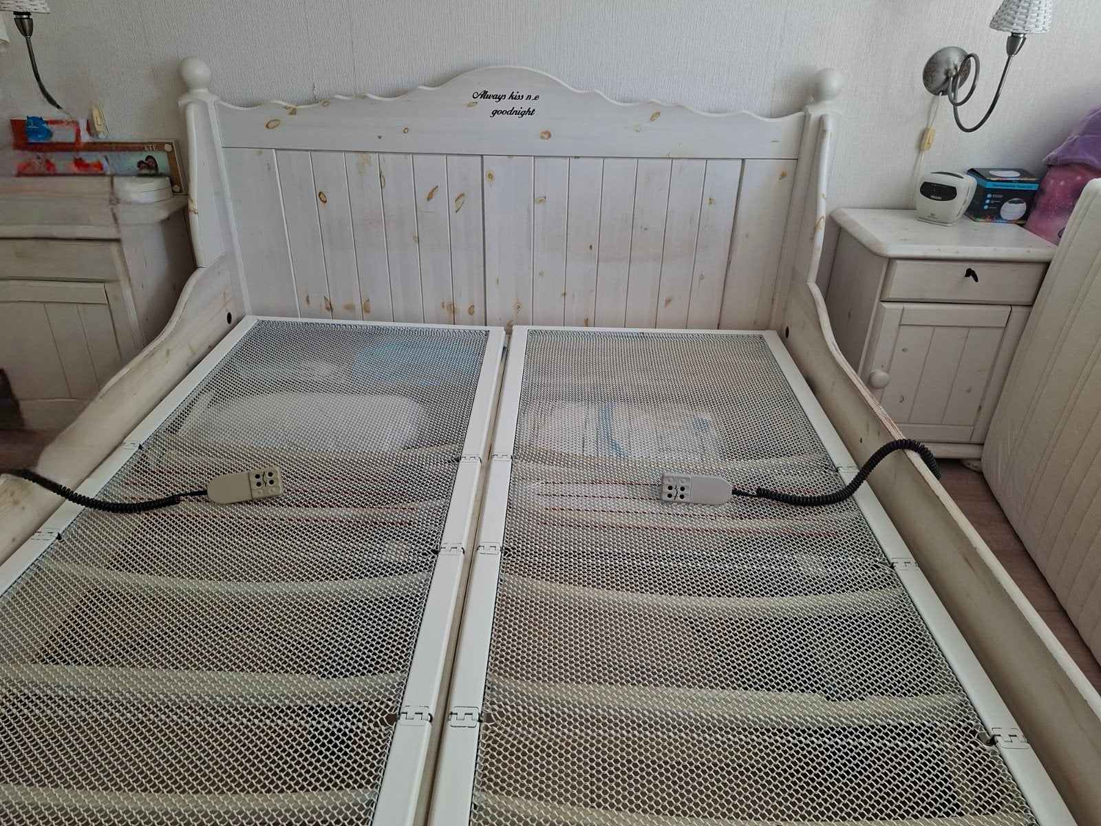 Tweepersoonsbed met verstelbare elektrische bodem- Hout160/2, Huis en Inrichting, Ophalen, Wit, Tweepersoons, Landelijk