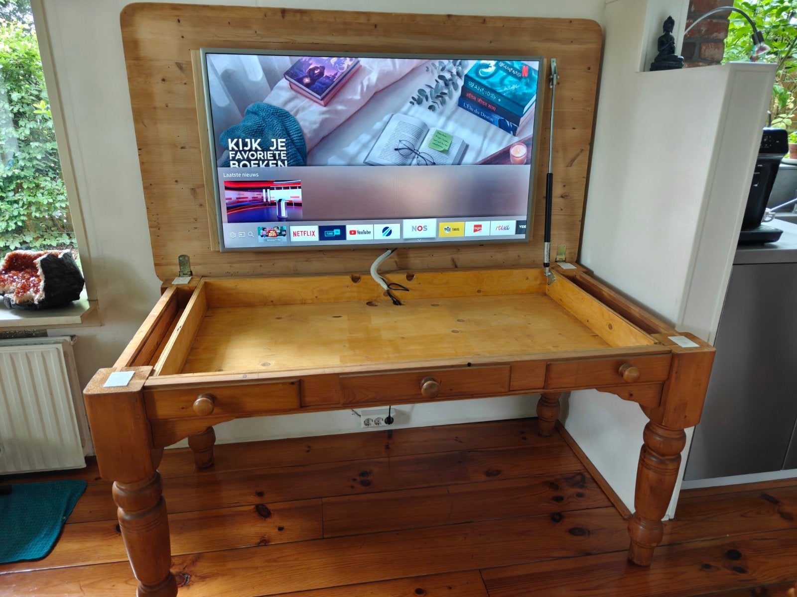Unieke houten tv-tafel met Samsung Smart TV 49 inch, Ophalen, Rechthoekig, 50 tot 100 cm