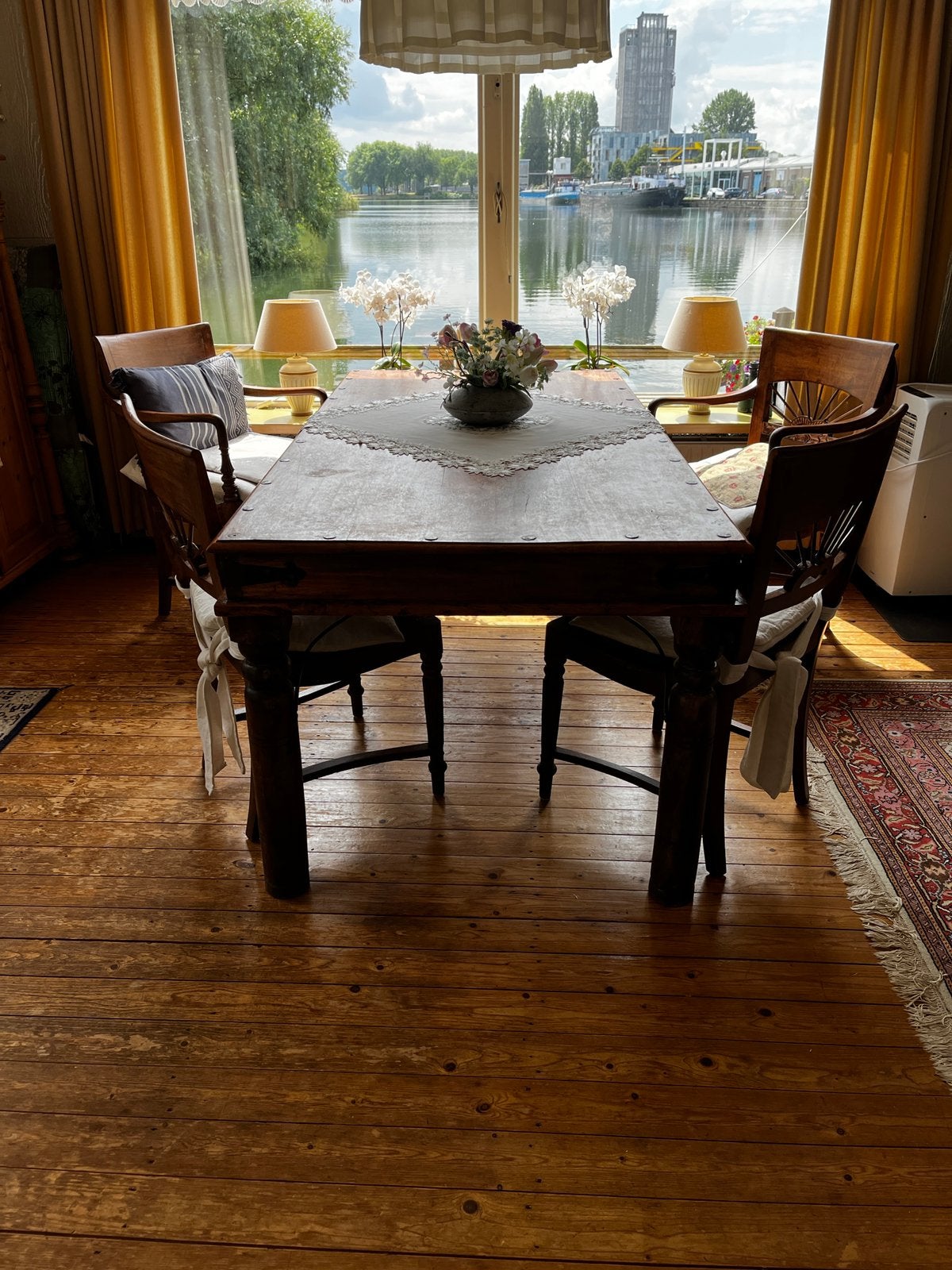 Massief houten Eettafel met 6 stoelen, Ophalen, Gebruikt, Teakhout, 200 cm of meer