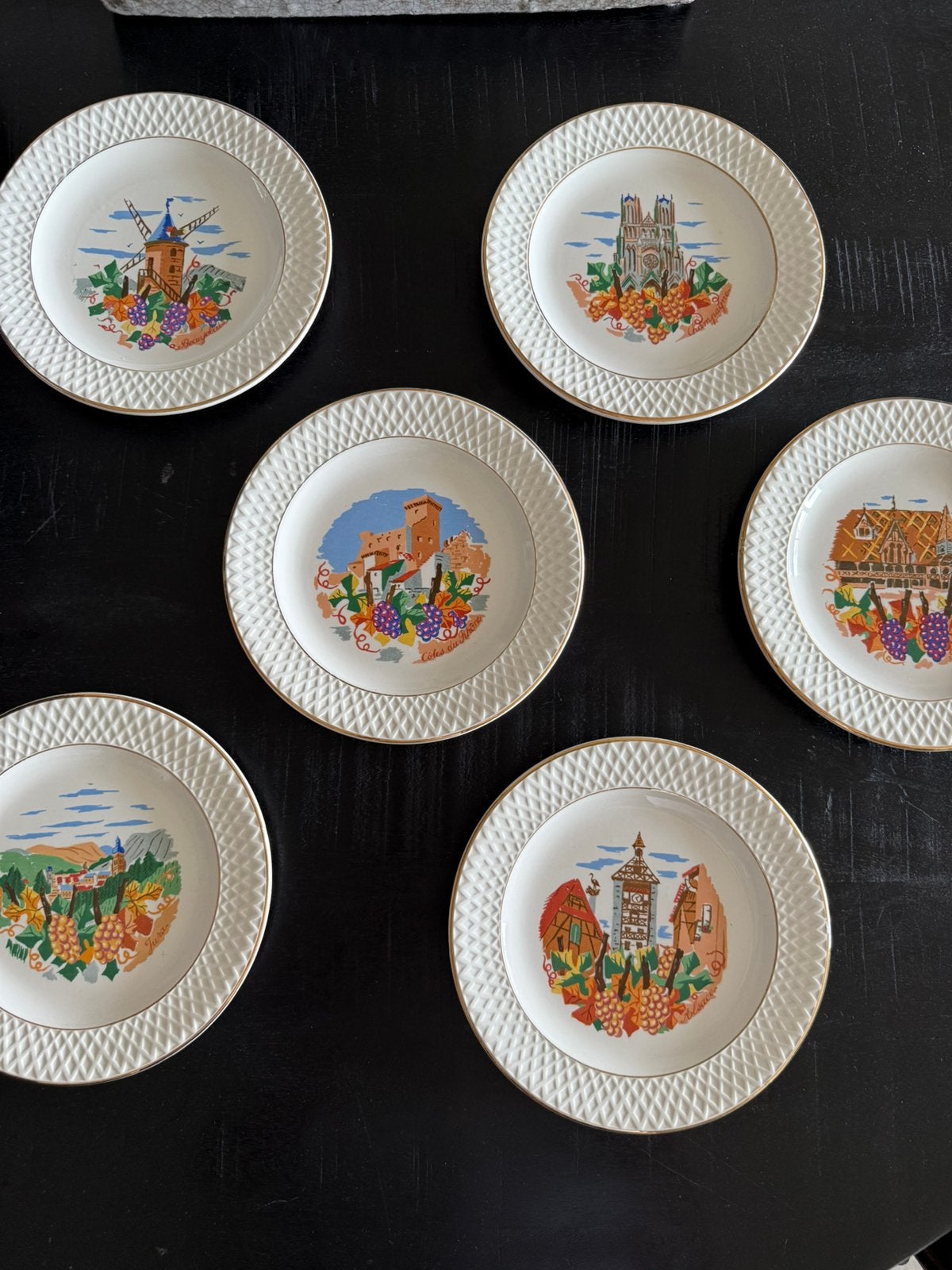 Set van 6 Gien Vins de France decoratieve borden, Ophalen of Verzenden